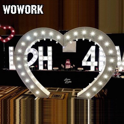 WOWORK Giant lighted white metal frame heart shaped arches with fairground bulb wedding props